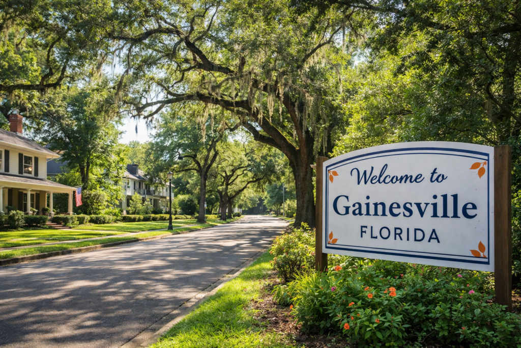 Gainesville Florida neighborhood with tree lined streets and homes